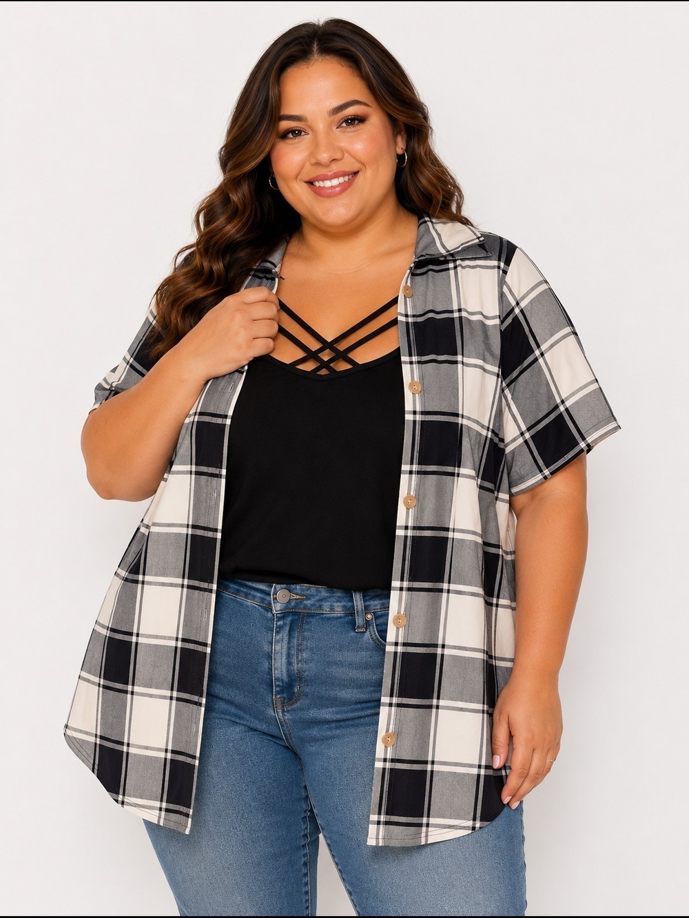 SHEIN Black & White Plaid Short Sleeve All In One Shirt